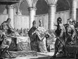 Zřízení církevních desátků Pépinem le Briefem a Carlomanem (743). Rytina podle Moreaua mladá rytina z 18. století. Soukromá sbírka.