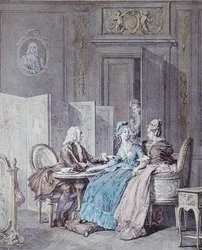 Prohlášení o těhotenství, 2. polovina 18. století, ryl Pietro Antonio Martini (1739-97) (barevná rytina) (viz také 19554)