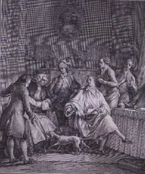 Pánská šatna, rytina P.A. Martiniho (1739-97)
