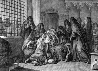 Abelard a Heloise: Heloise (1101-1164) přebírající závoj v opatství žen Argenteuil. Rytina Jean Michel Moreau, dit Moreau le Jeune (1741-1814)