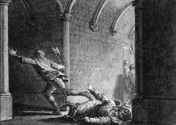 Vražda Ebroina, majordoma Neustrie, roku 681: byl zabit sekerou Hermanfroiem, pánem, kterého připravil o majetek. Rytina Jeana Michela Moreaua, zvaného Moreau le Jeune (1741-1814)