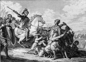 Zavraždění synů burgundského krále Theudericha II. roku 613 za přítomnosti Chlothara II. (584-628), krále Neustrie. Mezi nimi byl Sigebert II. (601-613). Rytina Jeana Michela Moreaua, zvaného Moreau mladší (1741-1814)