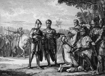 Bitva u Tertry, 687: vítěz nad vojskem Neustrie, Pipin Mladší neboli Herstalský (asi 653-714), kníže Austrasie, uznává autoritu neustrijského krále Theudericha III. (657-691). Rytina Jeana Michela Moreaua, zvaného Moreau mladší (1741-1814)