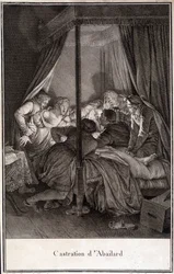 Kastrace Pierra Abélarda neboli Pierra Abailarda, francouzského filozofa a teologa (1079 až 1142). Rytina od Moreaua.