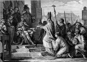 Karel Veliký (747-814), král Franků, přebírající železnou korunu z Lombardie z rukou milánské eveque, 774. Rytina Jean Michel Moreau, dit Moreau le Jeune (1741-1814)
