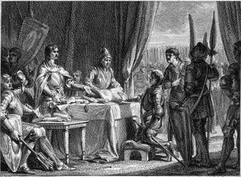 Charles Martel (688-741), král franků, rozdává zboží církve svým vojákům, 718. Rytina Jean Michel Moreau, dit Moreau le Jeune (1741-1814)