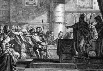Duchovenstvo mezi duchovenstvem a šlechtou shromážděné v parlamentu v Epernay (Marne) Karlem Plešatým (846). Rytina J. P. Le Bas podle Moreau le jeune.18. stol.