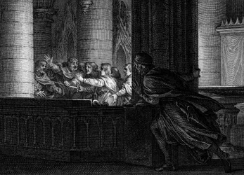 Spiknutí proti Karlu Velikému, 792: pán překvapí rozhovor spiklenců plánujících vraždu krále Franků. Mezi nimi je Pipin Hrbatý (769-811), syn Karla Velikého. Rytina Jeana Michela Moreaua, řečeného Moreau mladší (1741)