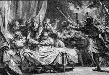 Konec karolínské dynastie, 988: zatčení Karla (953-991), vévody z Dolního Lotrinska, Huguesem Capetem (941-996) a jeho armádou. Rytina Jean Michel Moreau, dit Moreau le Jeune (1741-1814)