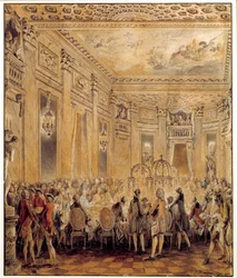 Svátek pořádaný Jeanne Becu, hraběnkou (nebo Madame) z Barry (1743-1793), milenkou Ludvíka XV., na zámku Louveciennes dne 2. září 1771 Akvarel od Jean Michel Moreau le Jeune (1741-1814). Slunce 0,31x0,26 m Paříž, muzeum Louvre