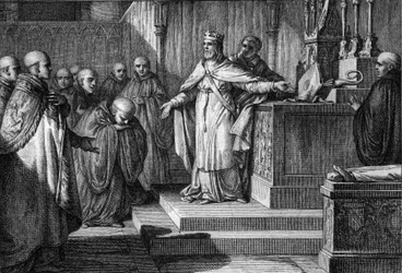 Hugues Capet (941-996) obnovil kanonické volby: král Franků dovolil mnichům volit své abbé umístěním kříže a mitry na oltář. Rytina Jean Michel Moreau, dit Moreau le Jeune (1741-1814)