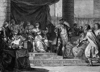 Pomyslná reprezentace panovníka merovejských „líných králů“: Clovis III (682-695), Childebert III (683-711) a Dagobert III (kolem 697-715) spí a sedí za starostou Pepin le Jeune nebo Herstal Palace (kolem 653-714). Rytina od Je
