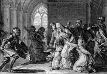 Louis 1. zbožný (Debonnaire) vyžene své sestry a synovce z paláce, 814. Jsou obviněni ze spiknutí proti němu. Rytina Jean Michel Moreau, dit Moreau le Jeune (1741-1814)