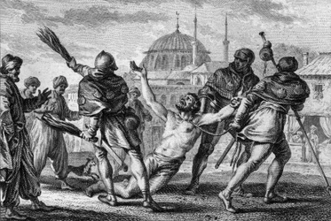 Nerra lysky (972/987-1040), hrabě z Anjou, pouť v Jeruzalémě. Nechá se vláčet nahý, s provazem uvázaným na krku, v ulicích města, zatímco jeden z jeho panošů ho bičuje yardy a prosí Boha o milost. 11. století. Rytina Jean Mich