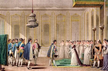 Zástupný návrh k sňatku od Napoleona předložený rakouské císařovně princem z Neufchatel (Louis-Alexandre Berthier) - rytina po Jean-Michel Moreau le jeune - V pokoji jeho bytu Imperatrice Marie Louise Rakouská (Marie-Louise) (1791- 18