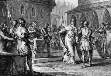 Povstání proti Karlu III. Jednoduchému pány vedenými Robertem (865-923), který se roku 922 stal francouzským králem jako Robert I., Soissons 920 (rytina)