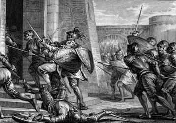 Robert the Fort zemřel (asi 815-866), vévoda z Francie, během bitvy u Brissarthe, v roce 866, když se postavil frankům proti armádě spojující Bretona a Vikinga. Rytina Jean Michel Moreau, dit Moreau le Jeune (1741-1814)