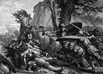 Roland zemřel během bitvy u Roncesvaux mezi armádou Karla Velikého a armádou Saracénů. 778. Rytina Jean Michel Moreau, dit Moreau le Jeune (1741- 1814)