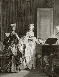 Saint Preux a Claire u cembala v „Julie ou la nouvelle Heloise““ od švýcarského filozofa Jean Jacques (Jean-Jacques) Rousseau (1712-1778) - rytina Moreau le jeune, Jean Michel (1741-1814) (Saint14 -Preuxi, usadí se u cembala, polib