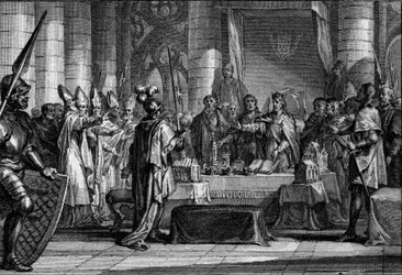 Posloupnost Ludvíka 1. zbožného neboli Debonnaira, 816: císař Západu (778-840) před třemi korunami symbolizujícími rozdělení jeho říše na tři království, z nichž každé se vrací jednomu ze svých synů (Lothaire, Pepin, Louis) . Gravírování Jean Mi