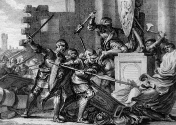 Válka proti Sasům, 772: zničení chrámu a modly Irmensulu, paianského božstva Sasů, armádou Karla Velikého. Ehresburg, Německo. Rytina Jean Michel Moreau, dit Moreau le Jeune (1741-1814)