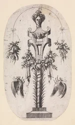 Design for a Term with Head of Woman, Strapwork and Trophys, 1535-55.