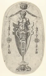 Mužská koncová postava, torzo s plnovousem a turbanem na polovičním podstavci uzavřeném ..., ca. 1543.