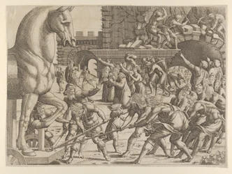 Trojané přinášejí dřevěného koně do svého města, 1535-55.