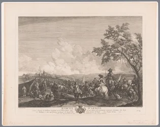Vojáci a velitelé ve vojenském táboře; Pochod armády (název na objektu); Tisky podle obrazů Philipse Wouwermana (název série); Díla Holanďana Philipse Wouwermana (název série)