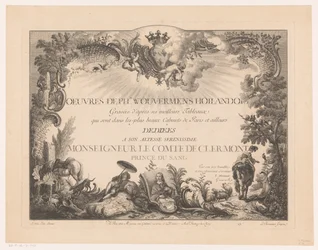 Titulní tisk s postavami a zvířaty v krajině s portrétem Philipse Wouwermana Tisky po obrazech od Philipse Wouwermana (název série) Oeuvres de Ph.pe Wouwermans Hollandois (název série na objektu)