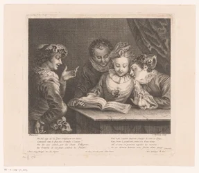Mladá žena zpívá a tři mladí muži u stolu Autor: Antoine Watteau (název série) L
