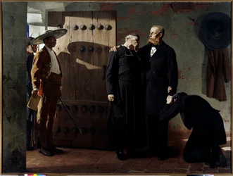 Mexický císař Maxmilián I. (1832-1867) před svou popravou 19. června 1867. Král utěšoval kněze před odchodem z vězení. Obraz Jeana Paula Laurense (1838-1921), 1882. Petrohrad, Ermitáž.