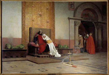 Exkomunikace Roberta II. Pobožného v roce 998. Francouzský král, syn Huga Kapeta, se zamiluje do své sestřenice Berty Burgundské a navzdory nesouhlasu papeže Řehoře V., který ho také exkomunikuje, se s ní ožení. Jean Paul Laurens (1838-1921)