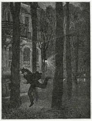 Prchající vězeň - ilustrace z Histoire d’un crime, 19. století (č. rytina)