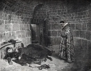 Pomsta papeže Urbana VI. (1318-1389) - papež Urban VI. mučí a nechává zmizet vlastní kardinály - rytina od Laurentse