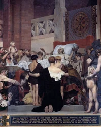 Smrt svaté Jenovéfy, patronky města Paříže. Nástěnná malba Jeana Paula Laurense (1838-1921), Paříž, Panthéon