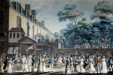 Pohled na Paříž: promenáda turecké zahrady. Litografie Jean Pierre Marie Jazet (1788-1871)