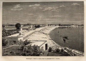 Chandernagor (dnešní Chandannagar, v Západním Bengálsku), na břehu Gangy, rytina podle kresby J. Moyneta, ilustrující cestu Rajahů v Indii, v letech 1864-1868, Louis Rousselet, publikováno v „“ Le tour du monde”” 1874, vyd