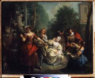 Pět smyslů: "Le gout"" (Chuť) mladí lidé aristokracie ochutnávají ovoce. Obraz Jean Raoux (1677-1734) 1725-1735 Puškinovo muzeum, Moskva