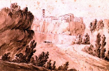 Pohled na město Bracciano, kolem roku 1810 (pero a sépiový inkoust a mytí na papíře)
