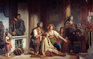 Přání má Skupina nemocných a nemocných, kteří se modlí Pannu Marii. Obraz Victora Schnetze (1787-1870) 1831 Ne. 2,82 x 4,90 m