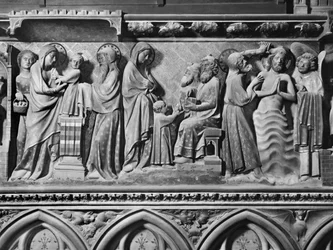 Katedrála, interiér, chórové plátno, Představení Ježíše v chrámu, Ježíš mezi lékaři, Křest Krista, c.1340-51 (polychromovaný kámen)