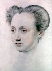 Marie Touchet (1549-1638) milenka francouzského krále Karla IX., kolem roku 1570 (kresba)