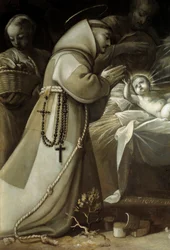Klanění pastýřů Mnich se modlí před dítětem Ježíšem. Obraz Jean de Saint Igny