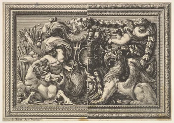 Design pro panel se dvěma variantami obsahujícími hippocampu a Griffina, od: Ornements..., 1651.