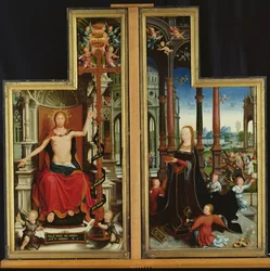 Polyptych Oslava Nejsvětější Trojice, panely zobrazující Krista na trůnu a Pannu, 1509-15