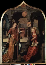 ""reprezentace zvěstování s patronem Guillaumem z Bruselu"" Centrální panel triptychu zvěstování (Zvěstování). Malba na dřevě Jean Bellegambe starší (1470-1534) Petrohrad, Ermitáž
