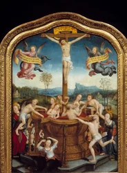 Mystická koupel. U paty kříže, na kterém je ukřižován Kristus, se muži a ženy koupou ve fontáně krve z těla Mesiáše. Centrální část triptychu. Malba na dřevě od Jean Bellegambe staršího (1470-1535) 1510-1520 Ne. 0,81x0
