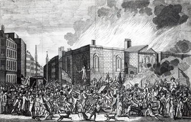 Přesná reprezentace vypálení, plenění a zničení Newgate vzbouřenci z památného 7. června 1780, vyryla Henry Roberts, 1781