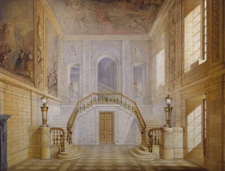 Návrh schodiště v Painted Hall, Chatsworth (akvarel na papíře)